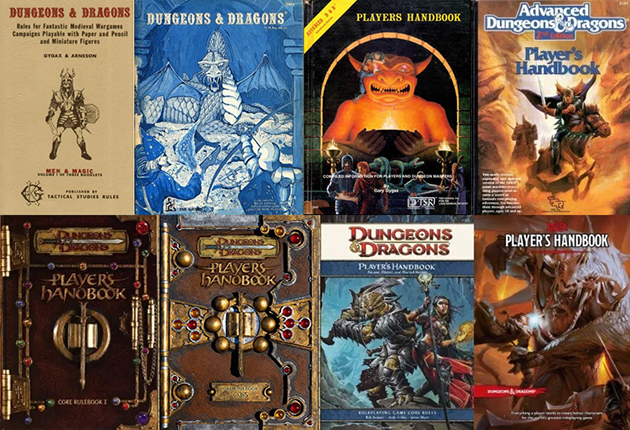 Top row, left to right: Original D&D, B/X, AD&D, 2e Bottom row, left to right: 3.0, 3.5, 4.0, 5.0