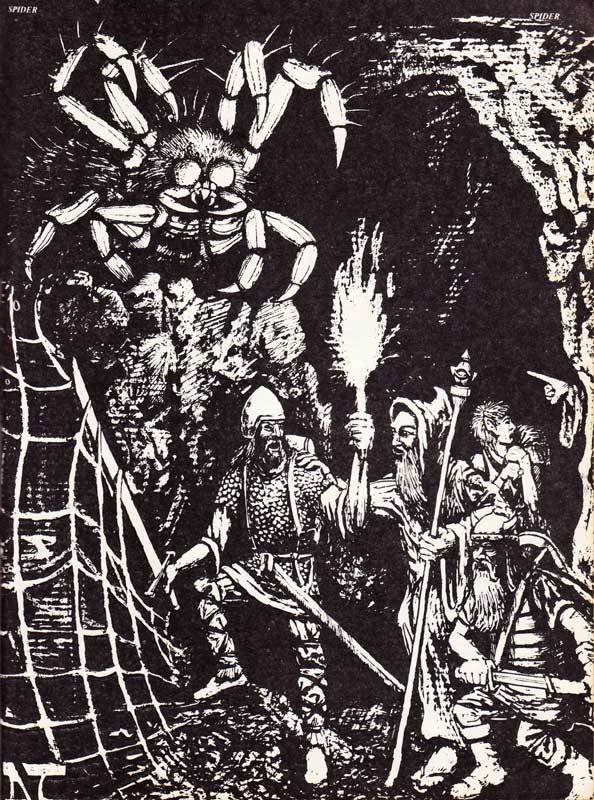 Giant spider lurking, Dave Trampier, AD&D Monster Manual, TSR, 1977.